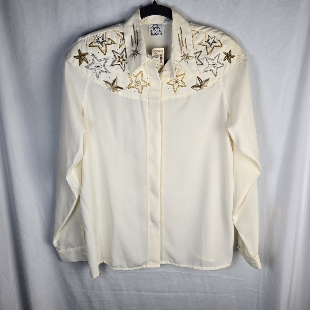Vtg Gantos Western Metallic Embroidery Beaded Shirt Ivory Womens Large Glam Punk